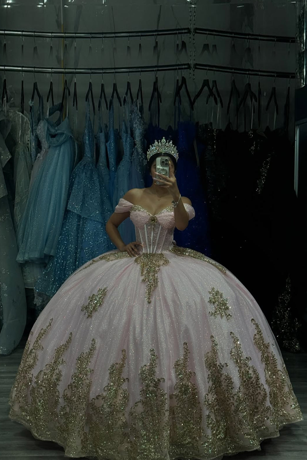 Pink Glitter Off-the-Shoulder Quinceanera Ball Gown in Tulle with Golden Appliques