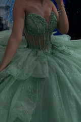 Sweetheart Ball Gown in Green Glitter Tulle with Appliques for Quinceanera