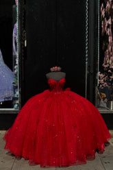 Sweetheart Ball Gown with Sparkly Red Tulle Applique for Quinceanera