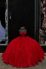 Sweetheart Ball Gown with Sparkly Red Tulle Applique for Quinceanera
