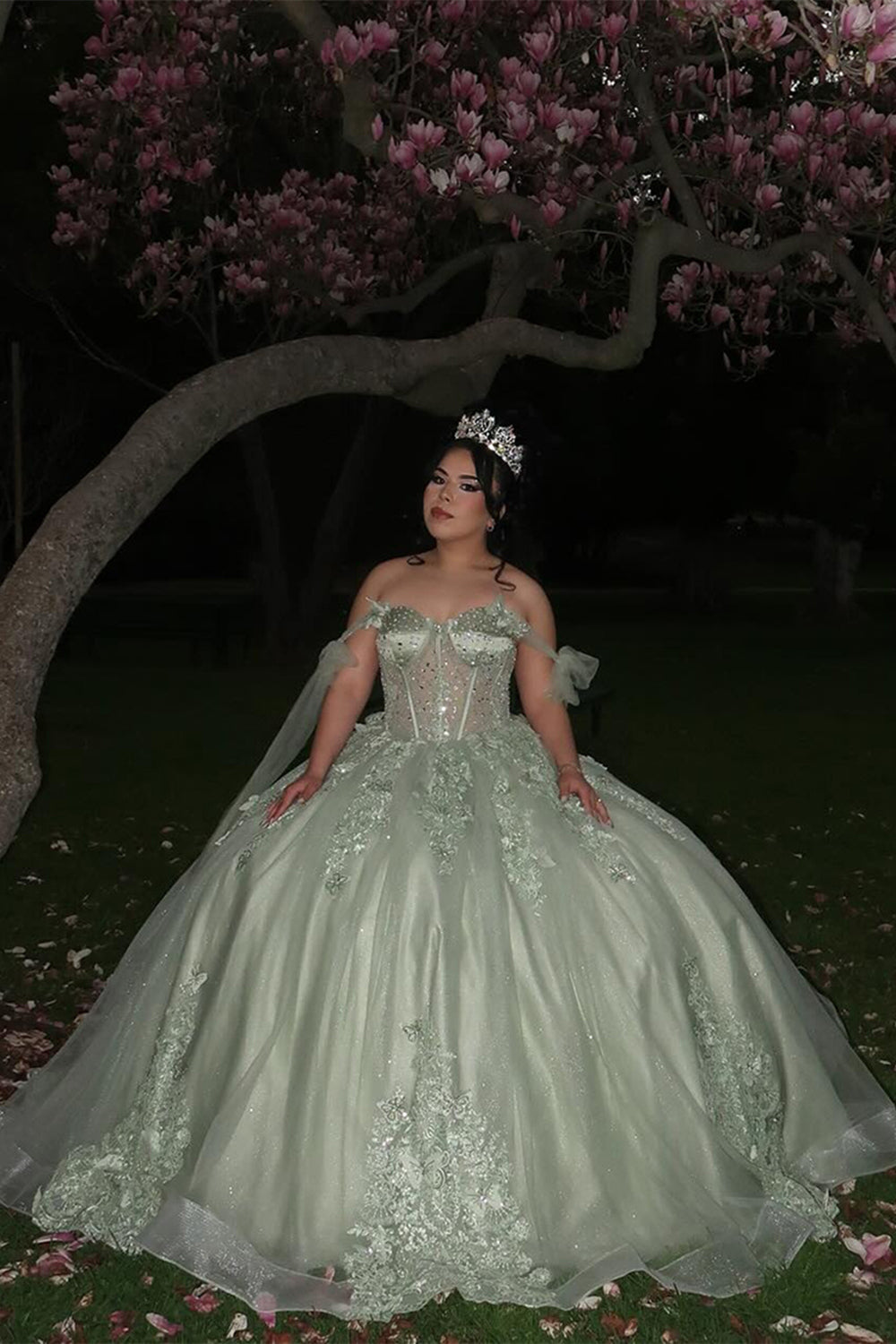 Off the Shoulder Grey Green Sparkly Tulle Quinceanera Ball Gown with Applique