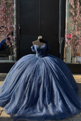 Navy Sparkle Corset Dress with Off-Shoulder Tulle and Applique for Quinceanera