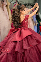 Off the Shoulder Burgundy Ball Gown with Tulle Ruffles and Applique for Quinceanera