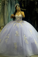 Sweetheart Corset Ball Gown in Lilac Tulle with Appliques for Quinceanera