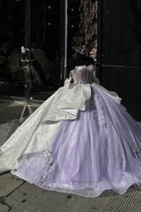 Off the Shoulder Lilac Glitter Tulle Ball Gown with Applique for Quinceanera