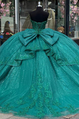 Sweetheart Ball Gown in Sparkly Dark Green Tulle with Bow Applique for Quinceanera