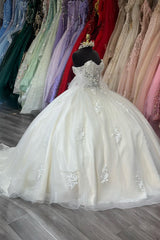 Off-the-Shoulder Ivory Tulle Ball Gown with Applique for Quinceanera