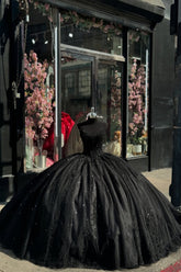 Quinceanera Dress with Black Tulle and Spaghetti Straps Applique Ball Gown