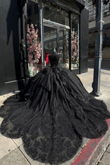 Quinceanera Dress with Black Tulle and Spaghetti Straps Applique Ball Gown