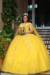 Off-the-Shoulder Yellow Tulle Quinceanera Ball Gown with Applique and Cape