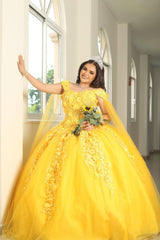 Off-the-Shoulder Yellow Tulle Quinceanera Ball Gown with Applique and Cape