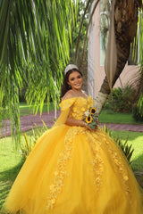 Off-the-Shoulder Yellow Tulle Quinceanera Ball Gown with Applique and Cape