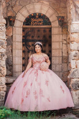 Off the Shoulder Quinceanera Dress in Sparkly Blush Pink with Sequined Appliques and Tulle