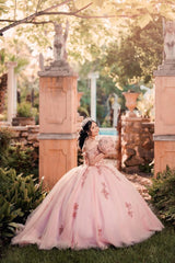 Off the Shoulder Quinceanera Dress in Sparkly Blush Pink with Sequined Appliques and Tulle