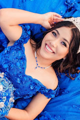 Royal Blue Off-the-Shoulder Ball Gown with Sparkly 3D Flowers and Tulle for Quinceanera