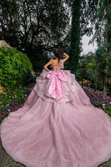 Off the Shoulder Quinceanera Dress in Sparkly Candy Pink with Ruffles, Beading, and Bow