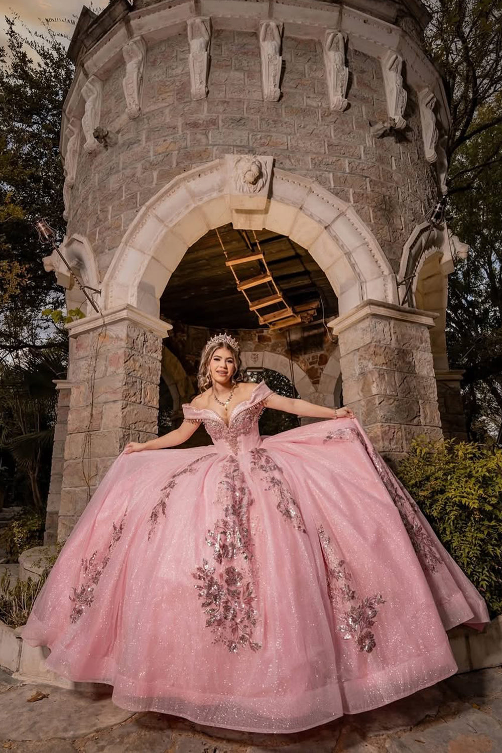 Off the Shoulder Princess Dress in Sparkly Blush Pink with Sequin Applique and Train