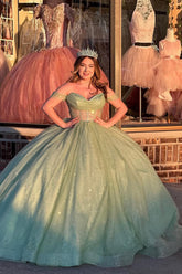 Off-the-Shoulder Sage Ball Gown with Sparkly Sequins and Tulle for Quinceanera