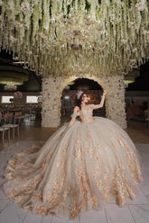 Champagne Princess Ball Gown with 3D Flowers and Beaded Off-Shoulder Design for Quinceanera