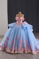 Princess Quinceanera Dress in Blue with Off-Shoulder Design, Beaded Applique, and Pink Bow