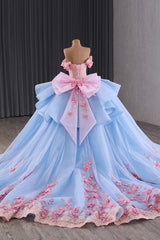 Princess Quinceanera Dress in Blue with Off-Shoulder Design, Beaded Applique, and Pink Bow