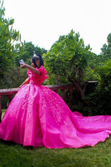 Off the Shoulder Fuchsia Ball Gown with Corset Applique for Quinceanera