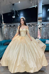 Golden Off-the-Shoulder Quinceanera Ball Gown with Sparkly Train