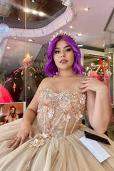 Beaded Quinceanera Dress with Train in Golden Sweetheart Princess Style