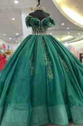 Off-the-Shoulder Pine Green Quinceanera Ball Gown with Tulle Applique