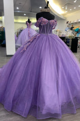 Off-the-Shoulder Lavender Ball Gown with Applique Tulle Train for Quinceanera