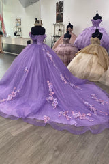 Off-the-Shoulder Lavender Ball Gown with Applique Tulle Train for Quinceanera