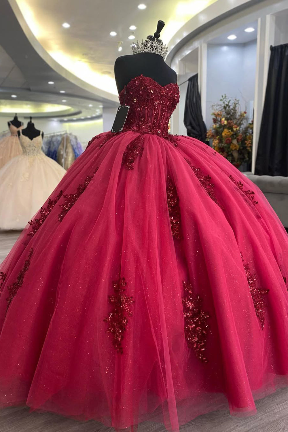 Sweetheart Ball Gown in Burgundy with Tulle Applique and Bow for Quinceanera
