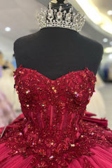 Sweetheart Ball Gown in Burgundy with Tulle Applique and Bow for Quinceanera