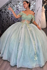 Off the Shoulder Sparkly Ball Gown in Dusty Sage with Bow Applique for Quinceanera