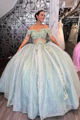 Off the Shoulder Sparkly Ball Gown in Dusty Sage with Bow Applique for Quinceanera
