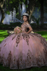 Off the Shoulder Sparkly Gold Tulle Quinceanera Dress with Rose Ball Gown Appliques