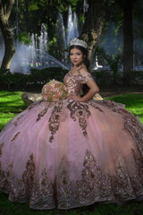 Off the Shoulder Sparkly Gold Tulle Quinceanera Dress with Rose Ball Gown Appliques