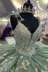 Dusty Sage Ball Gown with Sparkly Spaghetti Straps and Tulle Appliques for Quinceanera