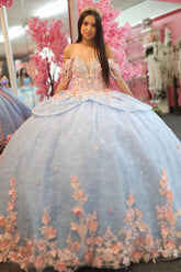 Off-the-Shoulder Sky Blue Tulle Quinceanera Ball Gown Featuring Pink Appliques