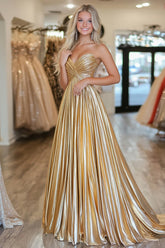 Elegant Gold Metallic Satin Pleated Long Prom Dress with Deep V Neckline