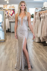 Long Silver Sparkly Mermaid Sheath Prom Dress with Sweetheart Neckline and Sequin Slit