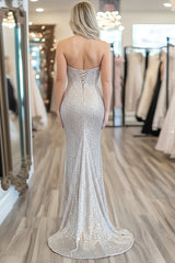 Long Silver Mermaid Prom Dress with Sparkly Sequin Sweetheart Neckline and Slit