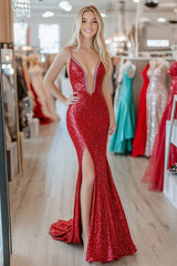 Long Red Sequin Mermaid Prom Dress with Sparkly Spaghetti Straps and Slit