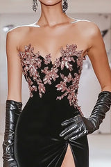 Long Black Satin Prom Dress with Sweetheart Neckline and Mermaid Applique Featuring a Slit