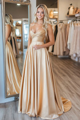 Sweetheart Gold Long Prom Dress in Ruched Satin A-Line