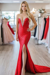 Long Red Sparkly Sweetheart Mermaid Prom Dress with Sequin Slit
