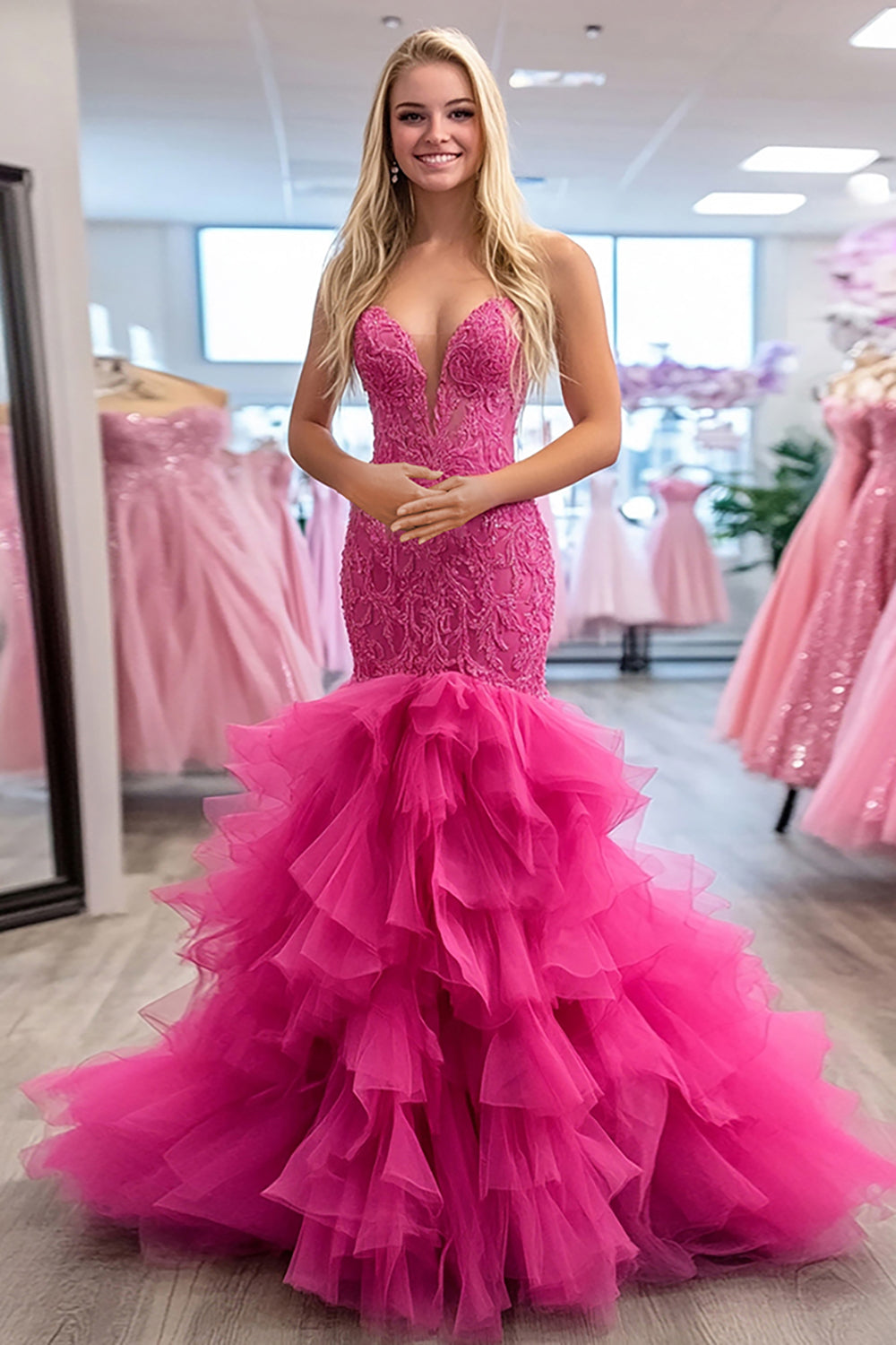 Long Tiered Fuchsia Prom Dress with Sweetheart Neckline and Mermaid Tulle Skirt Embellished with Appliques