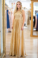 Golden Sequin A-Line Long Prom Dress with Round Neck and Glitter