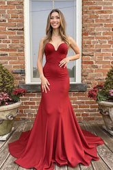 Long Red Satin Prom Dress with Mermaid Silhouette and Spaghetti Straps Featuring a Bow