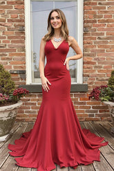 Long Red Prom Dress with Mermaid Silhouette Spaghetti Straps V-Neck and Bow